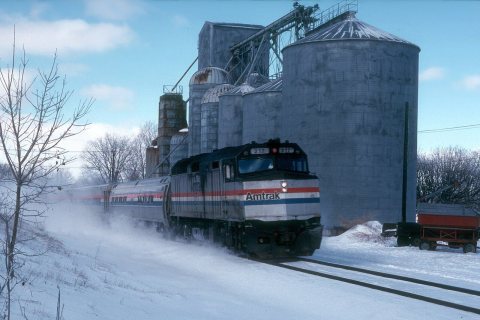Amtrak train rounding the curve at Buchanan, February 1990