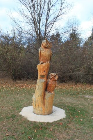 Chainsaw carving of owls Brighton Recreation Area Michigan