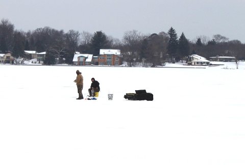 Ice Fishing on Green Oak Lake, Silverside Road, Green Oak Township, Michigan