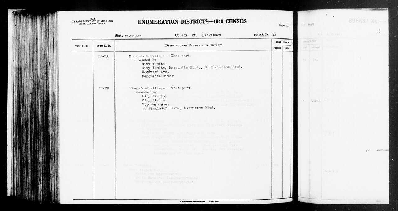 1940 Census Enumeration District Descriptions - Michigan - Dickinson County - ED 22-2A, ED 22-2B