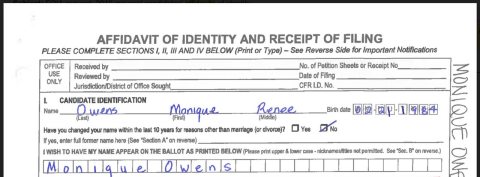 Monique Owens 2019 mayoral campaign affidavit of identity