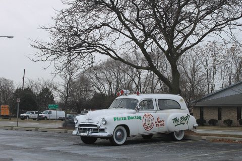 1949 Chevrolet ambulance at Pappa Romano's Pizza, 35346 East Michigan Avenue