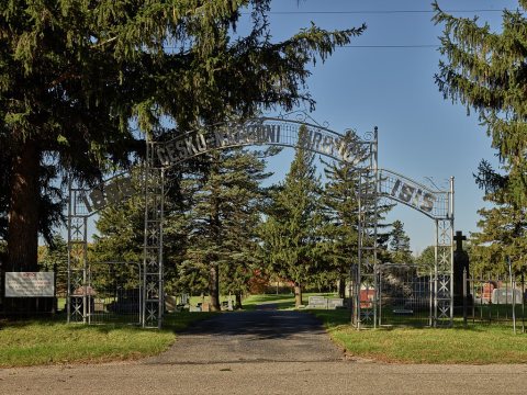 Entrance, with words in Czech, at the Bohemian National Cemetery, near the town of Hayward, Minnesota. The area was set…