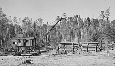 Loading device moving railroad cars full of timber