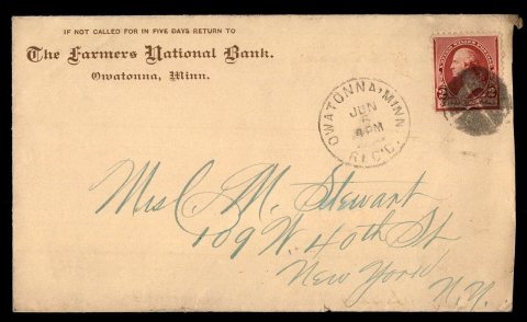 US 1900s Owatonna MN Farmers National Bank to New York Advertising Cover front