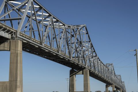 Mississippi River bridge between farmland near Lula, Mississippi, and Helena, Arkansas