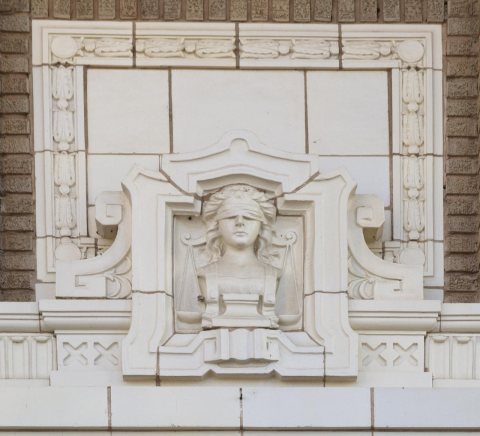 Detail symbolizing blind justice on the Pontotoc County Courthouse