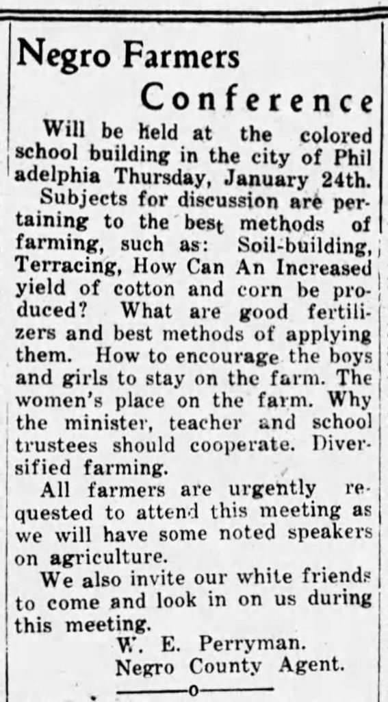 Announcement of Farmers Conference in Philadelphia, Mississippi from 1929