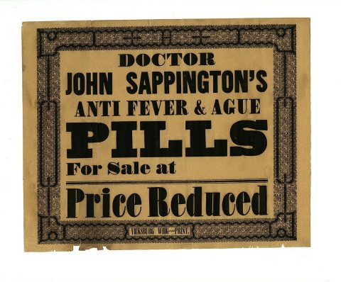 Printed broadside advertising Dr. John Sappington's Anti Fever and Ague Pills, Vicksburg, Mississippi, 1825-1855
