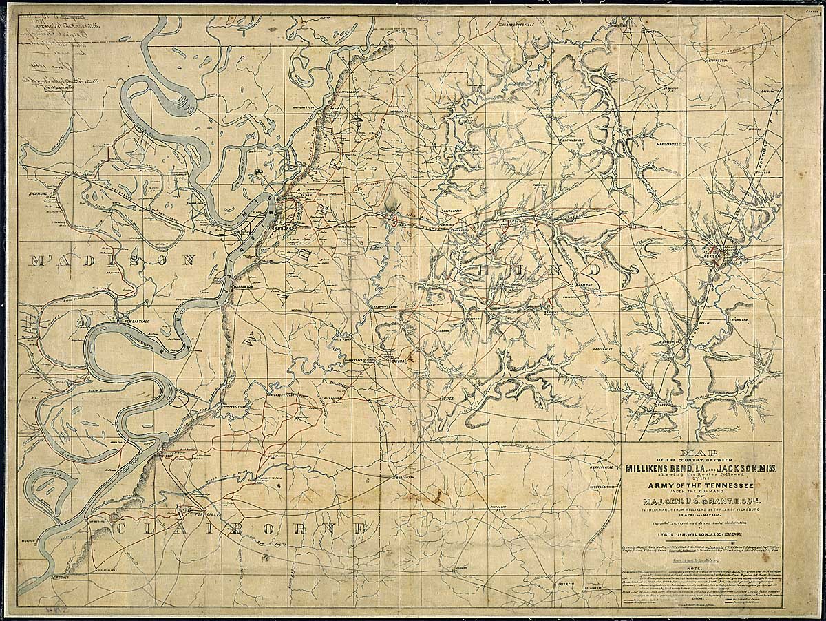 Map of the Country Between Millikens Bend La., and Jackson, Miss., shewing the Routes followed by the Army of the Tenne…