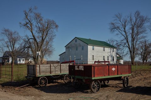 Logging wagons in rural Missouri's "Amish County," near the town of Clark