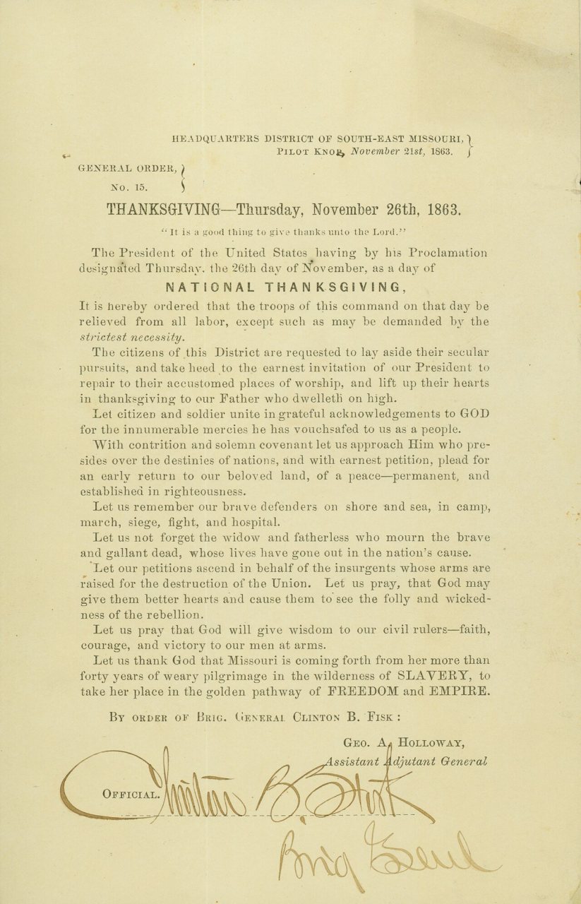 General Order, No. 15, of Geo. A. Holloway, signed Clinton B. Fisk, Headquarters, District of South-East Missouri, Pilo…