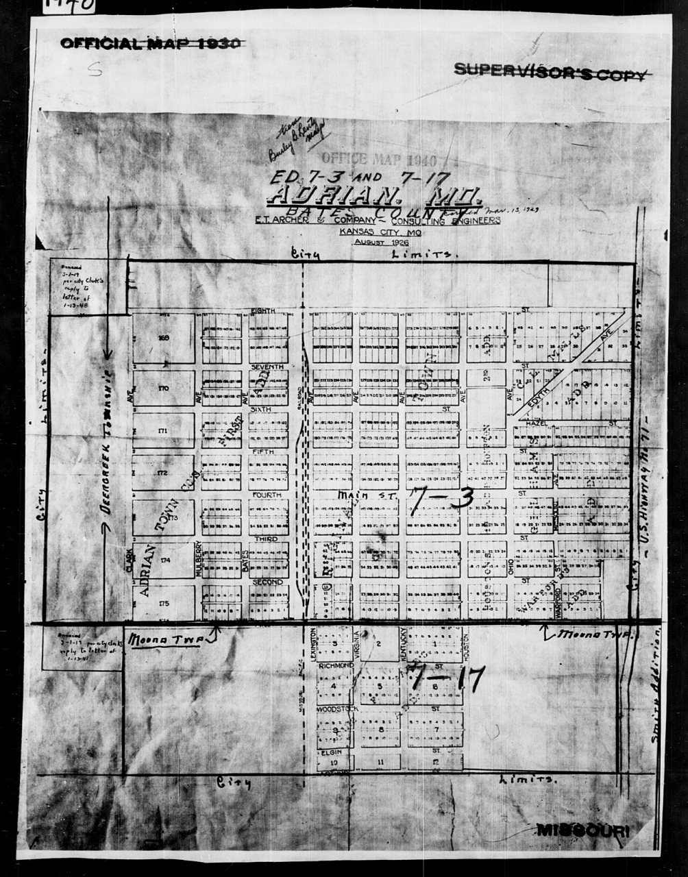 1940 Census Enumeration District Maps - Missouri - Bates County - Adrian - ED 7-3, ED 7-17