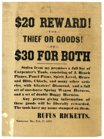 Broadside- $20 Reward! for Thief or Goods! or $30 for both, February 17, 1875