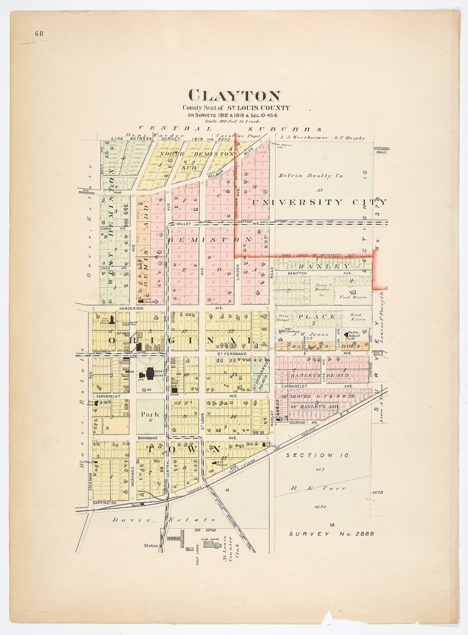 Plat book of St. Louis County, Missouri [Page 68] [Clayton, County seat of St. Louis County, on surveys 1918 & 1919, & …