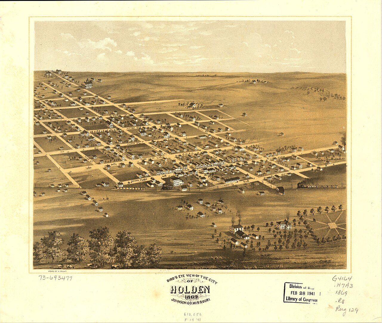 Bird's eye view of the city of Holden, Johnson Co., Missouri 1869