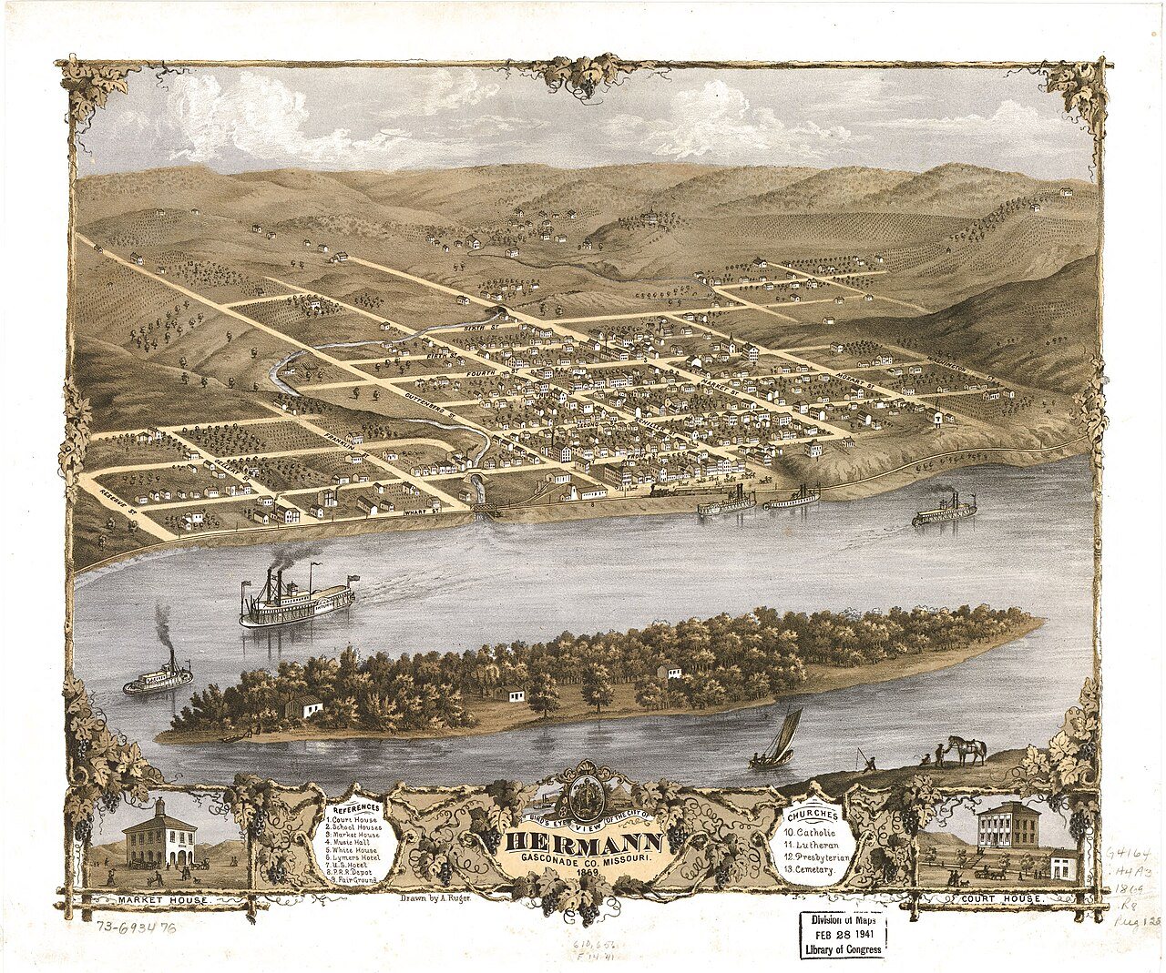 Bird's eye view of the city of Hermann, Gasconade Co., Missouri 1869