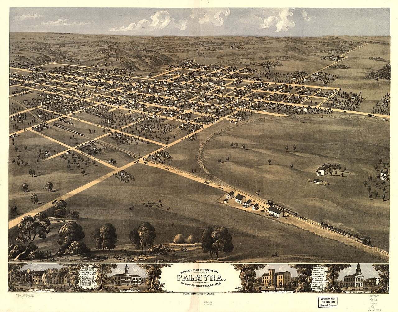 Bird's eye view of the city of Palmyra, Marion Co., Missouri, A.D. 1869